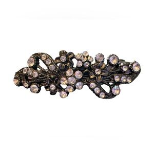 Vintage Barrette Hair Clip Gunmetal Black Rhinestone Flower